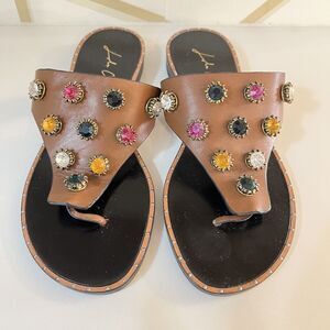 Lola Cruz Embellished Jeweled Brown Leather Flip Flops Sandals Size EU 37 US 7